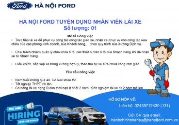 Hà Nội Ford tuyển dụng Nhân viên Lái xe xưởng Dịch vụ